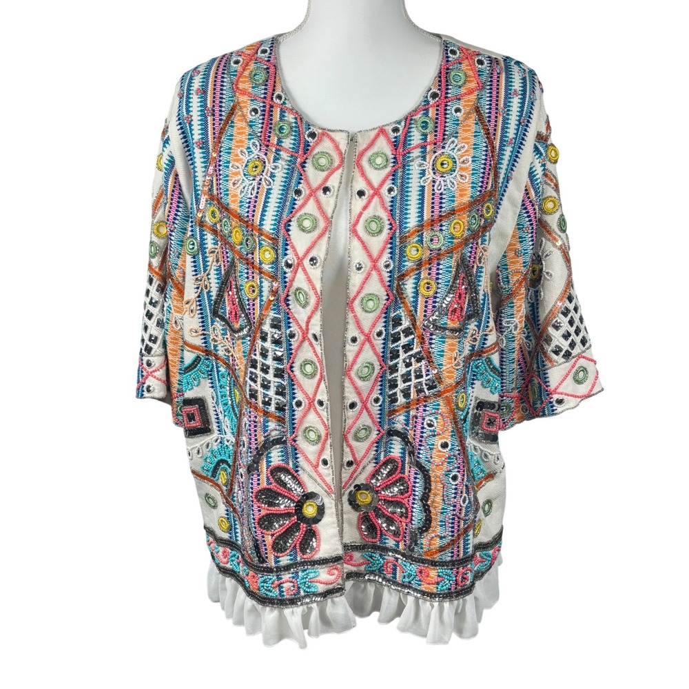 Indigo Moon Embellished Art Jacket Beaded Embroidered Open Front‎ Boho Hippie L